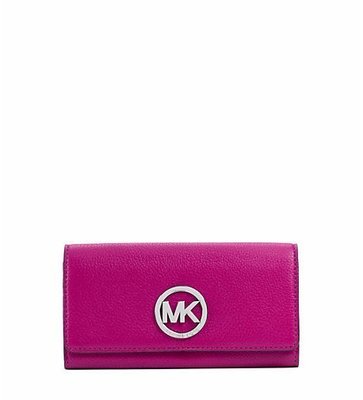 美國名牌Michael Kors專櫃款MK Logo紫桃紅色荔枝紋皮革二折長夾錢包~漂亮~現貨在美特價$3400含郵