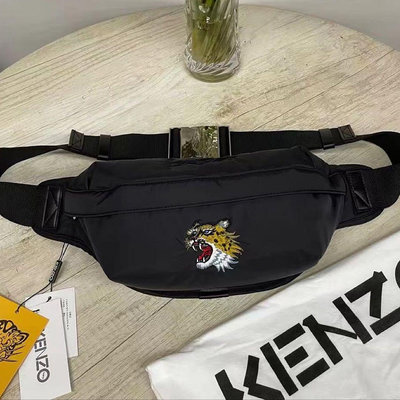 新款熱銷 KENZO 刺繡虎頭 黑色 休閒時髦腰包 胸包 輕量 出遊 旅行 大款 推薦 超輕尼龍防水 實品更美 限量