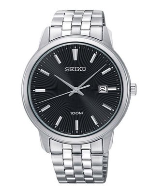 SEIKO WATCH 精工放射紋黑面經典紳士日期石英鋼帶腕錶 型號：SUR261P1【神梭鐘錶】