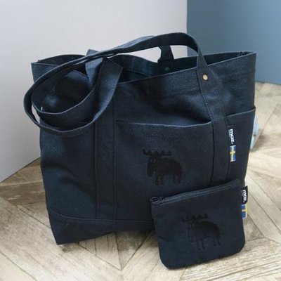 乾媽店。日本 MOZ 北歐 瑞典 麋鹿 刺繡 棉帆布 肩背包 手提袋手提包 ( L尺寸 ) 黑色(不含小包包)