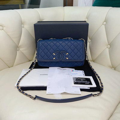 中古品 二手奢侈品 CHANEL/香奈兒22開 荔枝牛皮雙C大logo鏈條口蓋包-45434