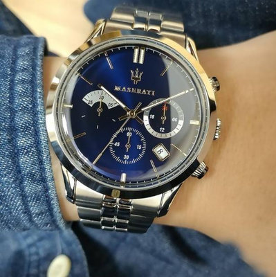二手全新瑪莎拉蒂男錶Maserati藍金三眼經典商務男士石英手錶