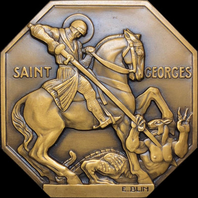法國20世紀初裝飾藝術「圣喬治屠龍」八角銅章 @Blin
