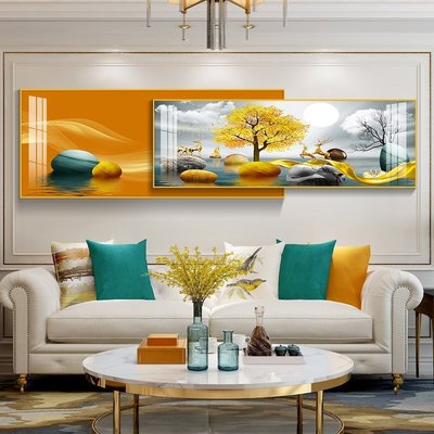特賣-輕奢客廳裝飾畫現代晶瓷沙發背景墻掛畫大氣橫版床頭臥室疊加壁畫