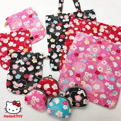 ♥小花花日本精品♥ Hello kitty 日式和風手提袋 購物袋 手提包 外出包 紅、黑、粉 單一價 ~ 5