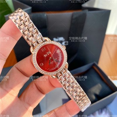 空姐代購 COACH 14501753 星空紅面鋼帶款 女士腕錶 手錶 水晶手錶 鏈式精鋼錶帶 表圈鑲嵌施華洛世奇水晶