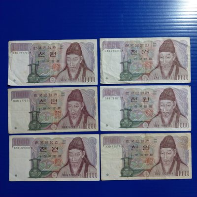 【大三元】亞洲紙鈔-韓國 (南韓)      1000WON 紙鈔6張1標~無修補保真
