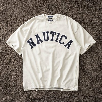 【MOMO全球購】NAUTICA JAPAN 長谷川 漂洗白色 字母寬松短袖T恤