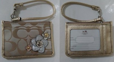 美國 正品 COACH  大C Logo織紋 金色皮革邊 立體花朵 貼飾 卡夾 零錢包/ 證件包/鑰匙包- 新-現貨