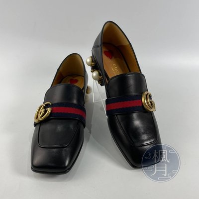 BRAND楓月 GUCCI 古馳 黑MARMONT珍珠裝飾鞋 #34.5 樂福鞋 皮鞋 精品女鞋 時尚流行