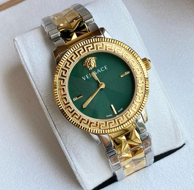 VERSACE V-Tribute 綠色錶盤 金色配銀色不鏽鋼錶帶 石英 女士手錶 VE2P00522
