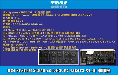 【尚典3C】IBM System x3850 X6 64GB E7-4860V2 x4 4U 伺服器 送滑軌