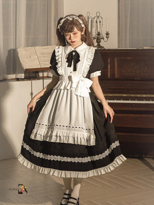原創小女仆裝短袖洛麗塔洋裝連衣裙長袖可愛Lolita甜美裙子中長裙-西瓜鈣奶