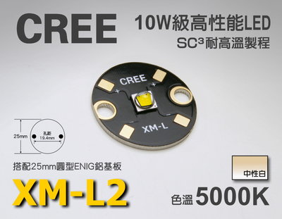 EHE】CREE原裝XM-L2 U2 5000K中性白LED(搭25mm圓形鋁基)XML2。適攝影燈改裝，色溫不偏藍