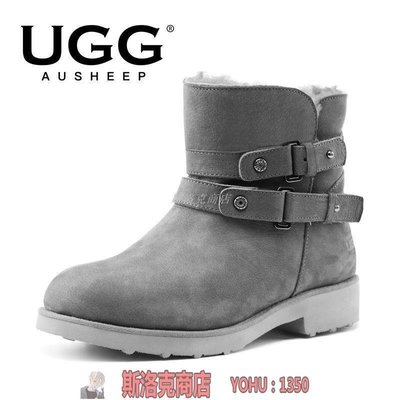 阿吉賣場-【福利款】AUSHEEP UGG雙扣帶馬丁靴女冬季皮毛一體雪地靴女短靴~快速出貨