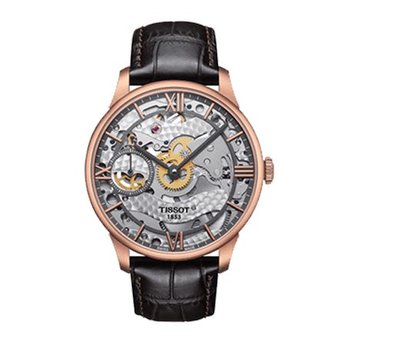 Tissot 天梭 鏤空腕錶 咖啡色皮帶機械男手錶 T0994053641800