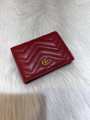 GUCCI 466492 紅 GG 牛皮 MARMONT 金屬 G 零錢包 短夾 皮夾