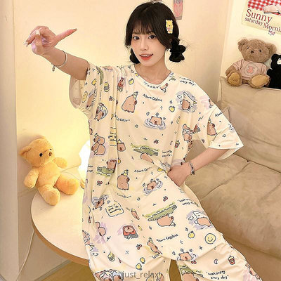 水豚睡衣 夏季短袖睡衣 連身睡衣 卡皮巴拉睡衣 居家服 連身睡衣 水豚君睡衣 大尺碼睡衣 可愛睡衣 韓國睡衣 莫代爾冰絲