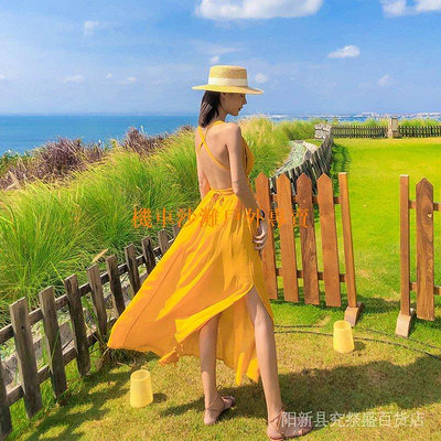 【機車沙灘戶外專賣】氣質洋裝三亞沙灘裙2021新款女夏超仙黃色露背連身裙海邊度假長裙飄逸大擺