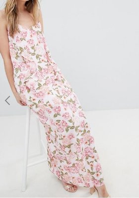 東倫敦時尚設計師流行品牌浪漫粉嫩花卉印花飄逸寬鬆荷葉邊細節細肩帶及裸長洋裝Floral Frill Maxi Dress