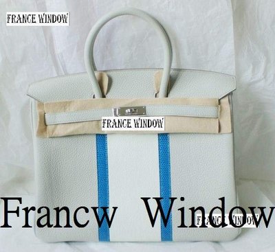 France Window 愛瑪仕 柏金包 Hermes Club Birkin系列 珍珠灰拼白色+藍色蜥蜴皮 35Cm