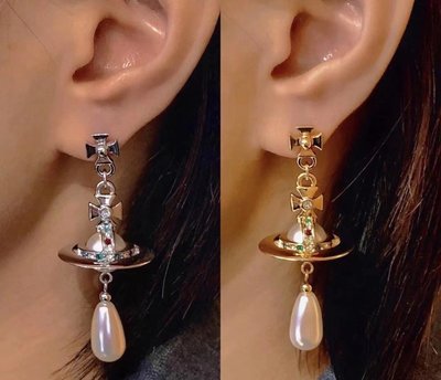 倉庫直銷#Vivienne Westwood 西太后新款土星水滴珍珠吊墜耳環 金色長款耳環 編號1572