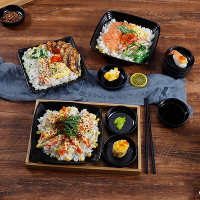 特賣-日式料理餐具套裝鰻魚飯四方飯盤正方形蓋澆飯竹盤創意搭配快餐盤-