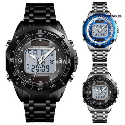 現貨熱銷-太陽能雙顯電子錶創意款屏上指針鋼帶時尚運動手錶爆款