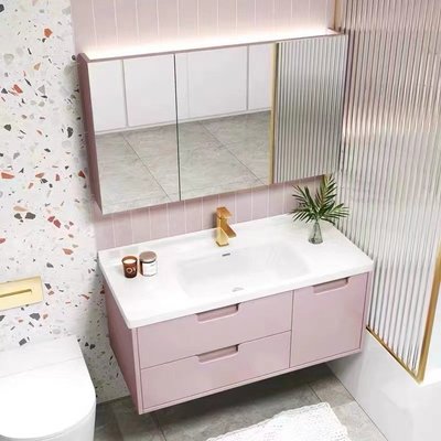 新款一體陶瓷盆小戶型橡木粉色浴室柜鏡子洗漱臺洗臉洗手池組合 促銷