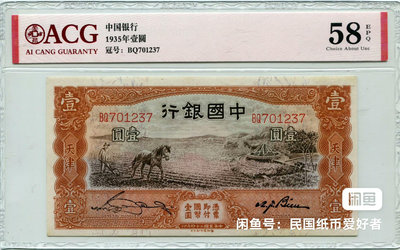 真品古幣古鈔收藏民國24年中國銀行壹圓馬拉犁，ACG58EPQ826
