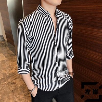 短袖襯衫男七分袖韓版潮流休閒條紋白襯衣夏季寬鬆