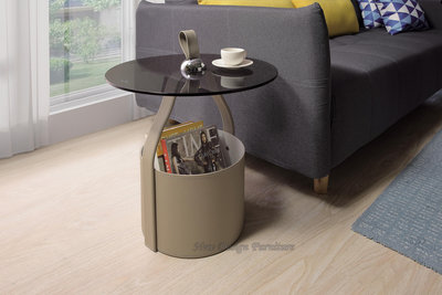 【N D Furniture】台南在地家具-MGN造型馬鞍皮桶身玻璃小茶几圓几YH