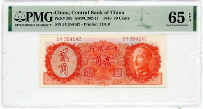 1946年中央銀行金圓券貳角PMG65E