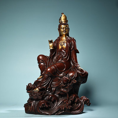 珍品舊藏收純銅紫銅高浮雕鏨刻雕花鎏金自在觀音菩薩佛像一尊工藝精湛   造像精美重9.911