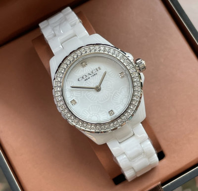 COACH Preston 銀色水鑽圈 珍珠貝母錶盤 白色陶瓷錶帶 石英 女士手錶 14503661