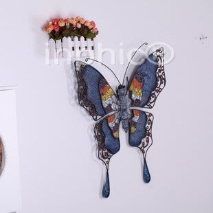 INPHIC-歐式鐵藝藍色彩色玻璃亮片一對蝴蝶 壁掛壁飾家居藝術品復古
