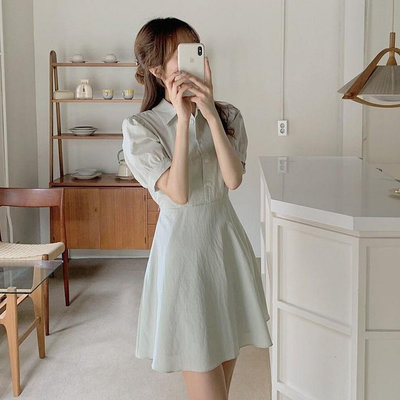 【羊城故事】44778 薄荷綠簡約短袖洋裝 新款韓版純色氣質收腰連衣裙