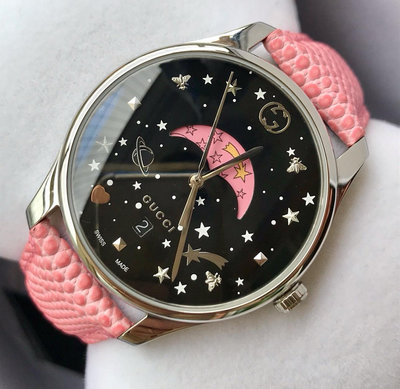 GUCCI G-Timeless 月相 星星 黑色錶盤 粉色皮革錶帶 石英 女士手錶 YA1264046