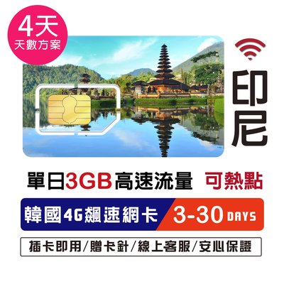 印尼網卡4天網路卡 單日3GB 網路卡 印度尼西亞 SIM卡 峇厘島 高速4G LTE 上網