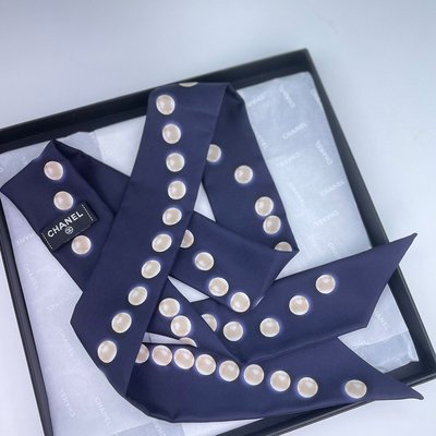 【翰貝格名牌館】全新真品 CHANEL 新款 海軍藍 珍珠 領巾 絲巾 TWILLY 預購