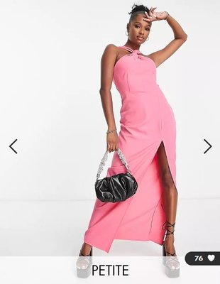 (嫻嫻屋) 英國ASOS-Vesper優雅時尚名媛粉色扭結削肩領開叉長裙洋裝禮服 PI22