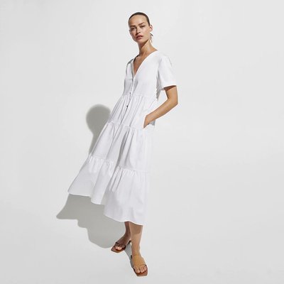 【全新現貨】Massimo Dutti 女裝新款v領白色簡約長版府綢飄逸連衣裙06636596250 6636596