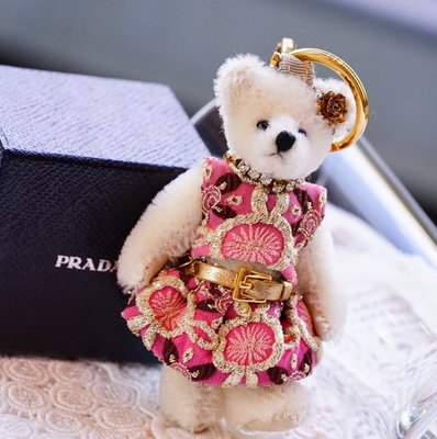 Prada Teddy Bear Charm 限量小熊吊飾 粉紅洋裝水晶項鍊 現貨