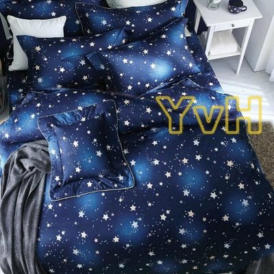 =YvH=雙人涼被 100%精梳純棉 台灣製造印染 雙面純棉.雙面印花  深藍色 星空 星星滿天 Fw02