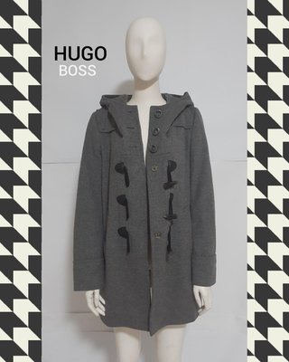 ♛ 黑貓姊vintage潮流古著♛ HUGO BOSS經典款學院風格連帽羊毛大衣外套 牛角扣大衣輕盈 中灰色 (S號)☞