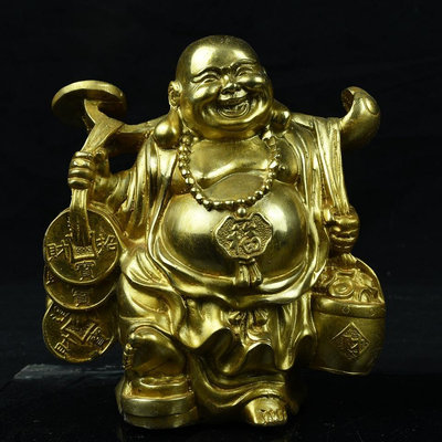 純銅鎏金如意彌勒擺件，招財彌勒佛居家玄關公司辦公桌擺件16*14*7重量2.9斤2000R-1726