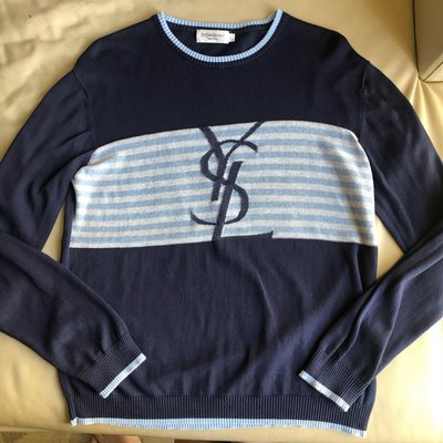 [品味人生]保證正品 YSL 深藍色 LOGO 針織 長袖T恤   size L 也適合 XL