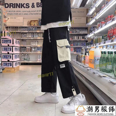 新品 工裝褲男 3色S-3XL 青春流行拼接色大口袋褲子 慵懶夏季休閒褲-可開發票