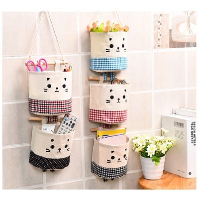 【香氛生活】韓版可愛貓咪 單件式壁掛收納袋 儲物袋 棉麻布掛兜
