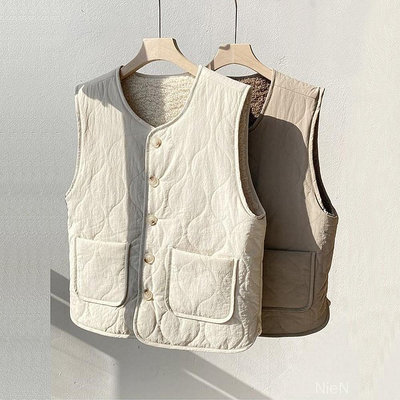 雙面設計 背心外套 刷毛加厚 可兩面穿 米白色 茶棕色 羔羊毛 保暖 大口袋 馬-水水精品衣櫥